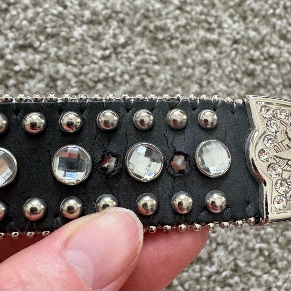 Nocona Leather Belt 26 Black Studded Rhinestone Sliver Bling Cowgirl Y2K Boho‎ - Picture 6 of 14